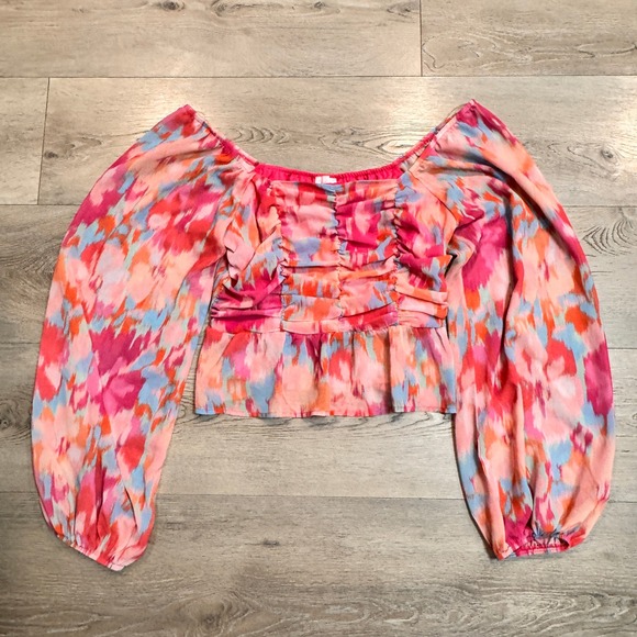 Pink Lily Tops - Pink Lily Blouse Off‎ Shoulder Balloon Sleeve Crop Top Print Medium M Pink